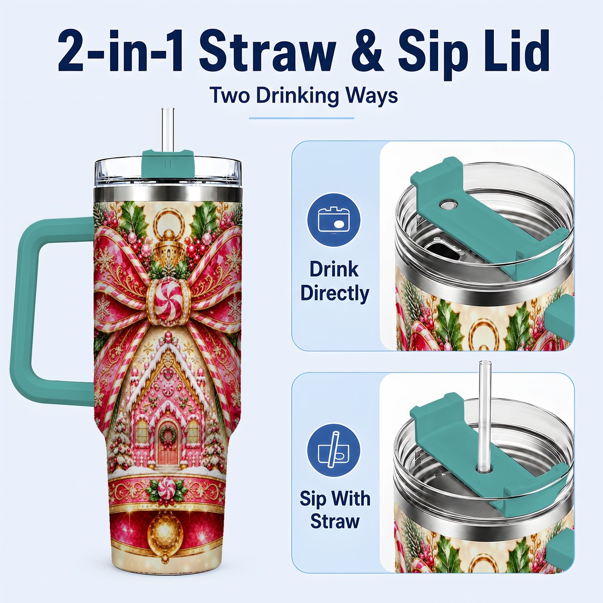 #pl[40oz|Green] Gingerbread Bell 40oz Tumbler with Handle, Peppermint Holiday Art