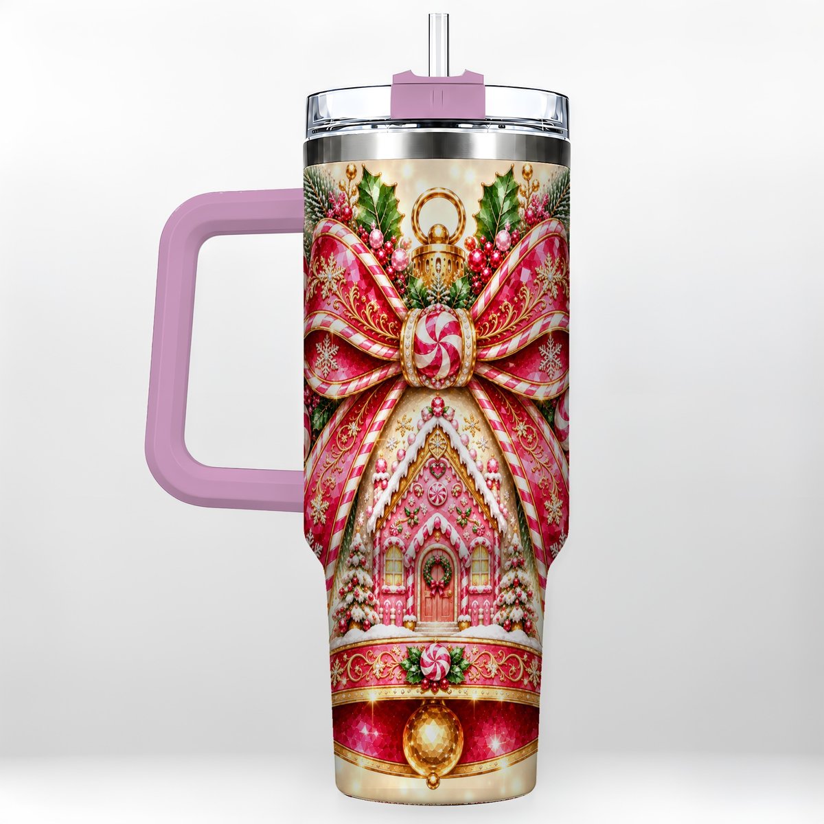 #pl[40oz|Pink] Gingerbread Bell 40oz Tumbler with Handle, Peppermint Holiday Art