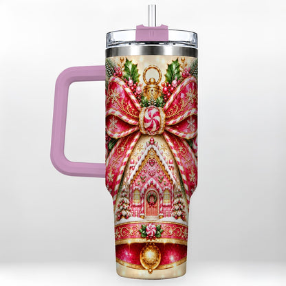 #pl[40oz|Pink] Gingerbread Bell 40oz Tumbler with Handle, Peppermint Holiday Art
