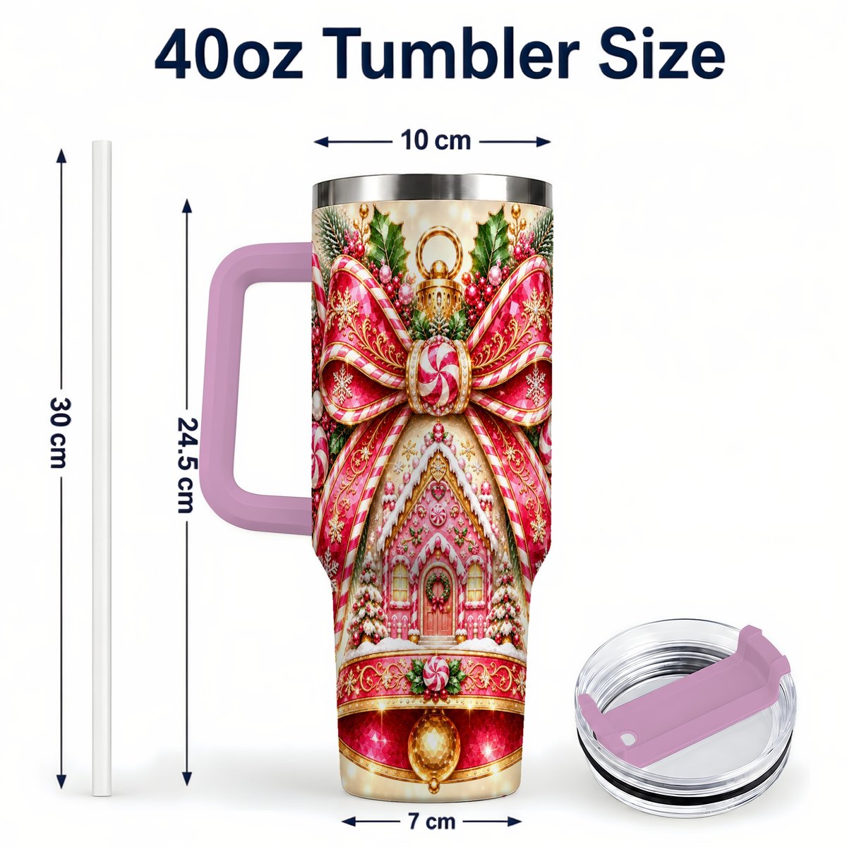 #pl[40oz|Pink] Gingerbread Bell 40oz Tumbler with Handle, Peppermint Holiday Art