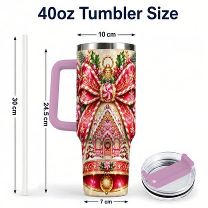 #pl[40oz|Pink] Gingerbread Bell 40oz Tumbler with Handle, Peppermint Holiday Art