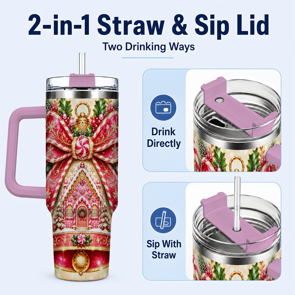 #pl[40oz|Pink] Gingerbread Bell 40oz Tumbler with Handle, Peppermint Holiday Art