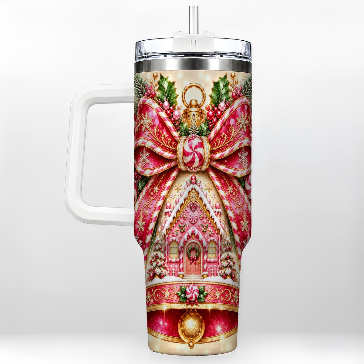 Gingerbread Bell 40oz Tumbler with Handle, Peppermint Holiday Art