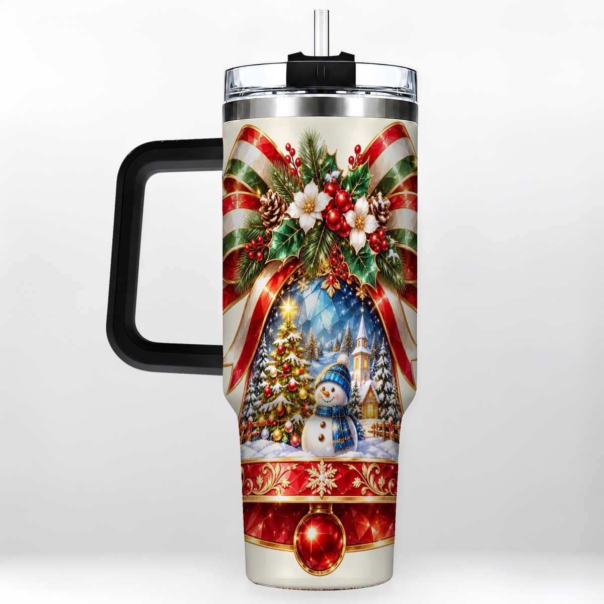 #pl[40oz|Black] Snowman Bell 40oz Tumbler with Handle, Winter Village Artwork