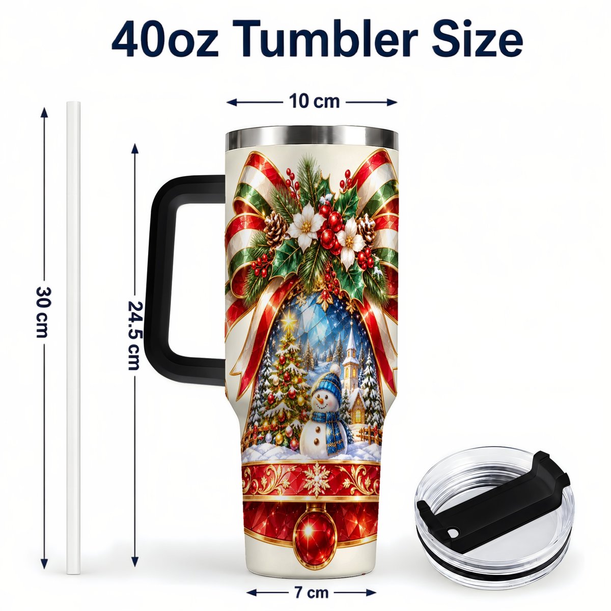#pl[40oz|Black] Snowman Bell 40oz Tumbler with Handle, Winter Village Artwork