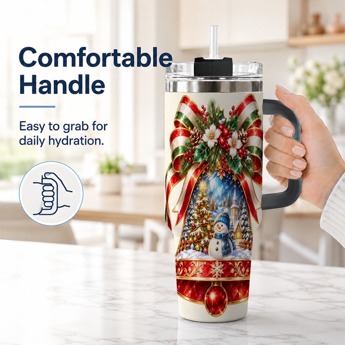 #pl[40oz|Black] Snowman Bell 40oz Tumbler with Handle, Winter Village Artwork