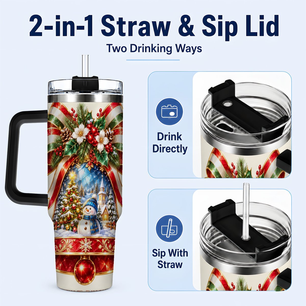 #pl[40oz|Black] Snowman Bell 40oz Tumbler with Handle, Winter Village Artwork