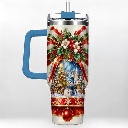 #pl[40oz|Blue] Snowman Bell 40oz Tumbler with Handle, Winter Village Artwork