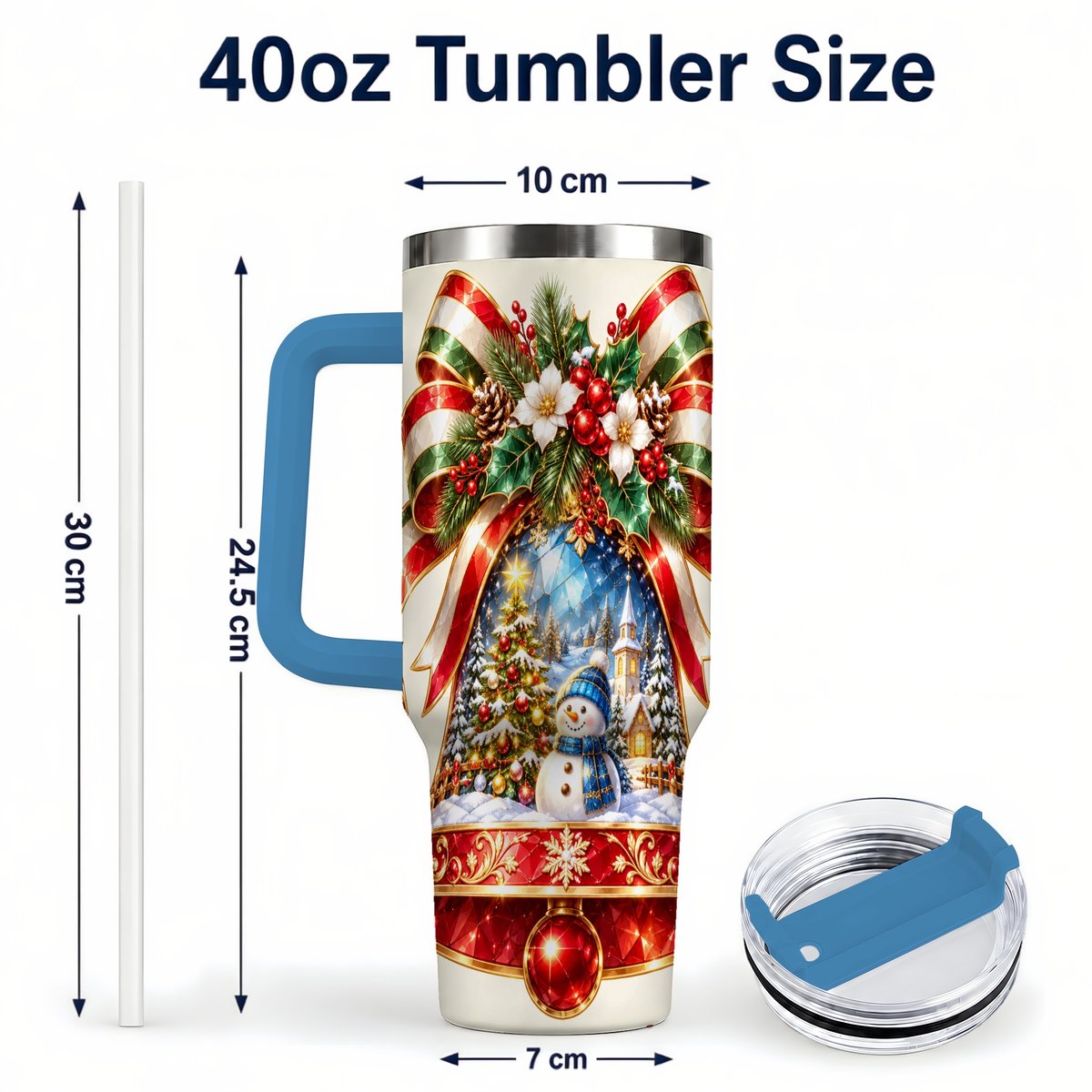 #pl[40oz|Blue] Snowman Bell 40oz Tumbler with Handle, Winter Village Artwork
