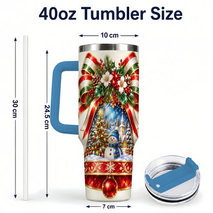 #pl[40oz|Blue] Snowman Bell 40oz Tumbler with Handle, Winter Village Artwork