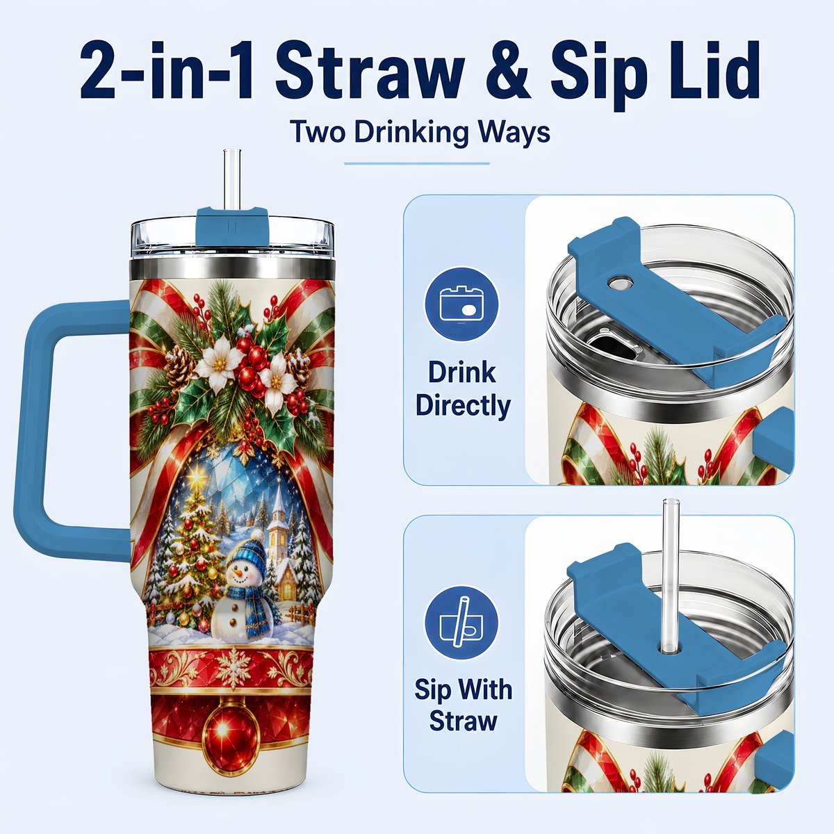 #pl[40oz|Blue] Snowman Bell 40oz Tumbler with Handle, Winter Village Artwork