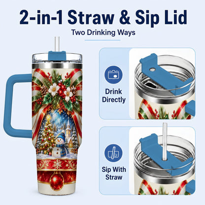 #pl[40oz|Blue] Snowman Bell 40oz Tumbler with Handle, Winter Village Artwork