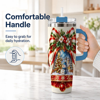 #pl[40oz|Blue] Snowman Bell 40oz Tumbler with Handle, Winter Village Artwork