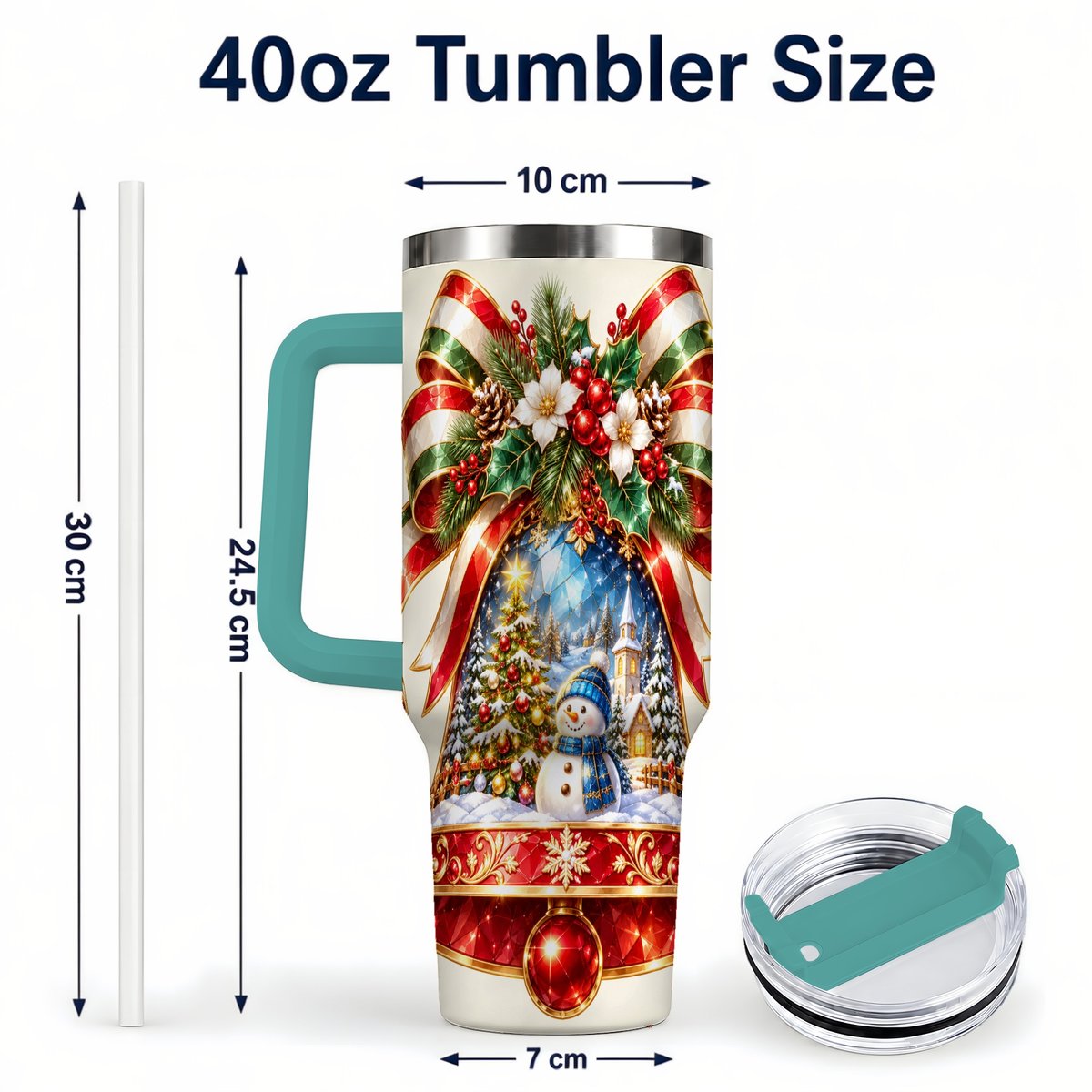 #pl[40oz|Green] Snowman Bell 40oz Tumbler with Handle, Winter Village Artwork