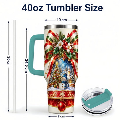 #pl[40oz|Green] Snowman Bell 40oz Tumbler with Handle, Winter Village Artwork