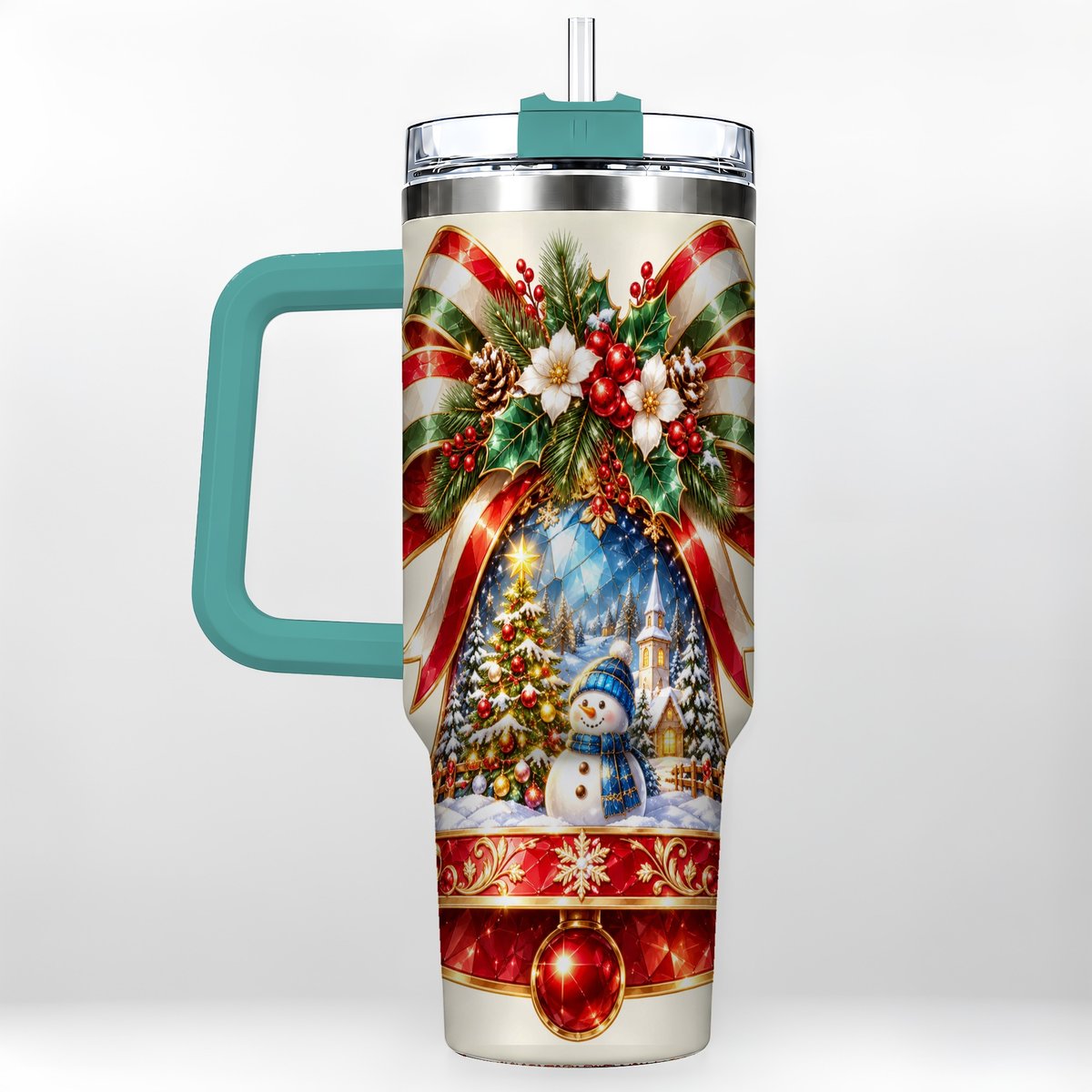 #pl[40oz|Green] Snowman Bell 40oz Tumbler with Handle, Winter Village Artwork