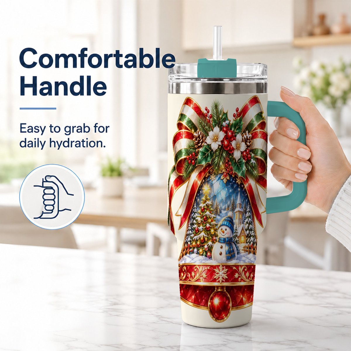 #pl[40oz|Green] Snowman Bell 40oz Tumbler with Handle, Winter Village Artwork
