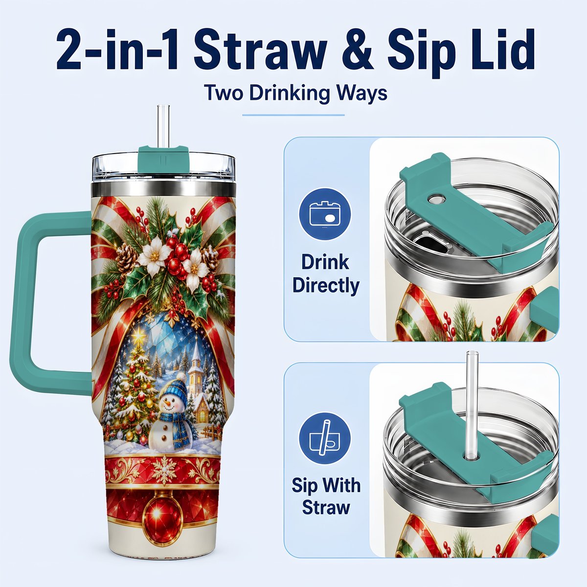 #pl[40oz|Green] Snowman Bell 40oz Tumbler with Handle, Winter Village Artwork