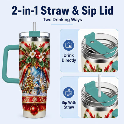 #pl[40oz|Green] Snowman Bell 40oz Tumbler with Handle, Winter Village Artwork