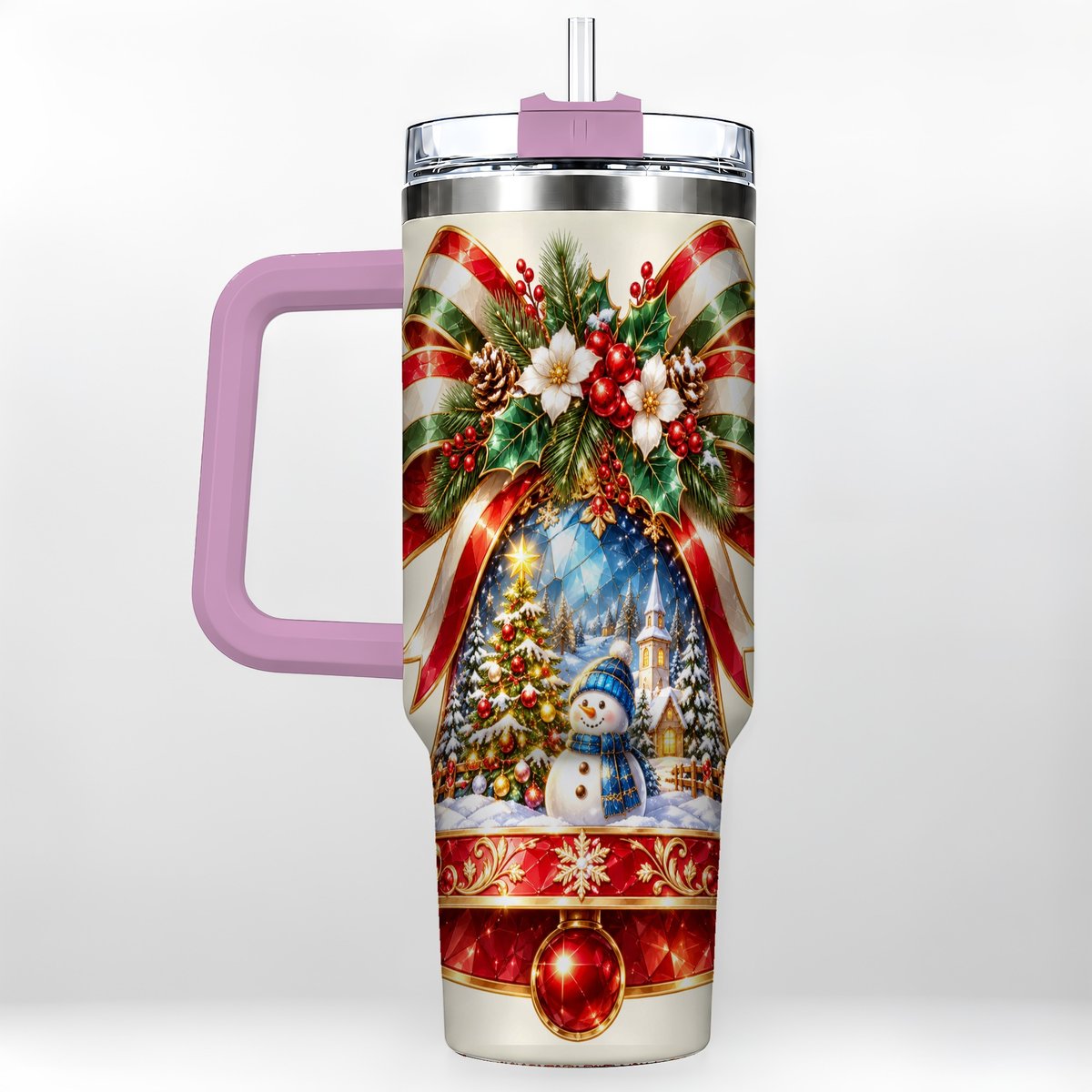 #pl[40oz|Pink] Snowman Bell 40oz Tumbler with Handle, Winter Village Artwork