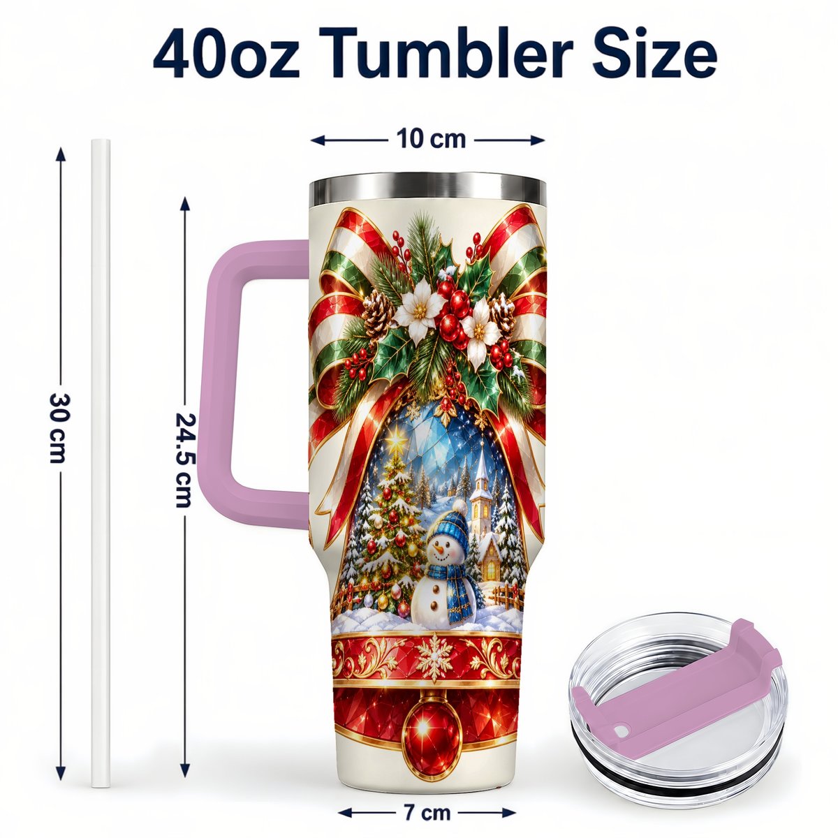 #pl[40oz|Pink] Snowman Bell 40oz Tumbler with Handle, Winter Village Artwork