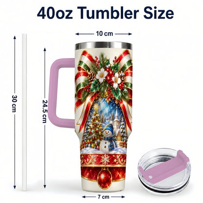 #pl[40oz|Pink] Snowman Bell 40oz Tumbler with Handle, Winter Village Artwork