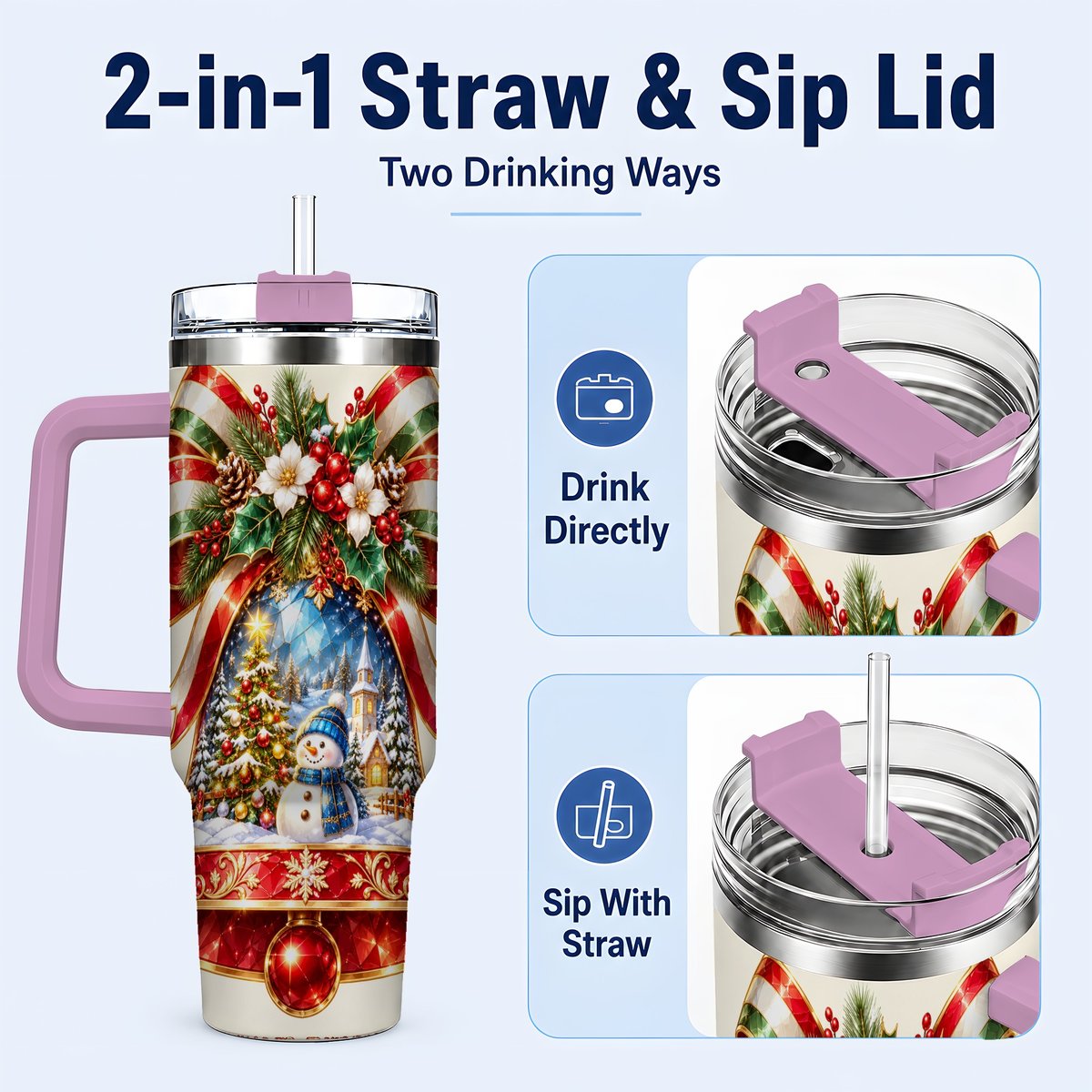 #pl[40oz|Pink] Snowman Bell 40oz Tumbler with Handle, Winter Village Artwork