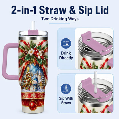 #pl[40oz|Pink] Snowman Bell 40oz Tumbler with Handle, Winter Village Artwork