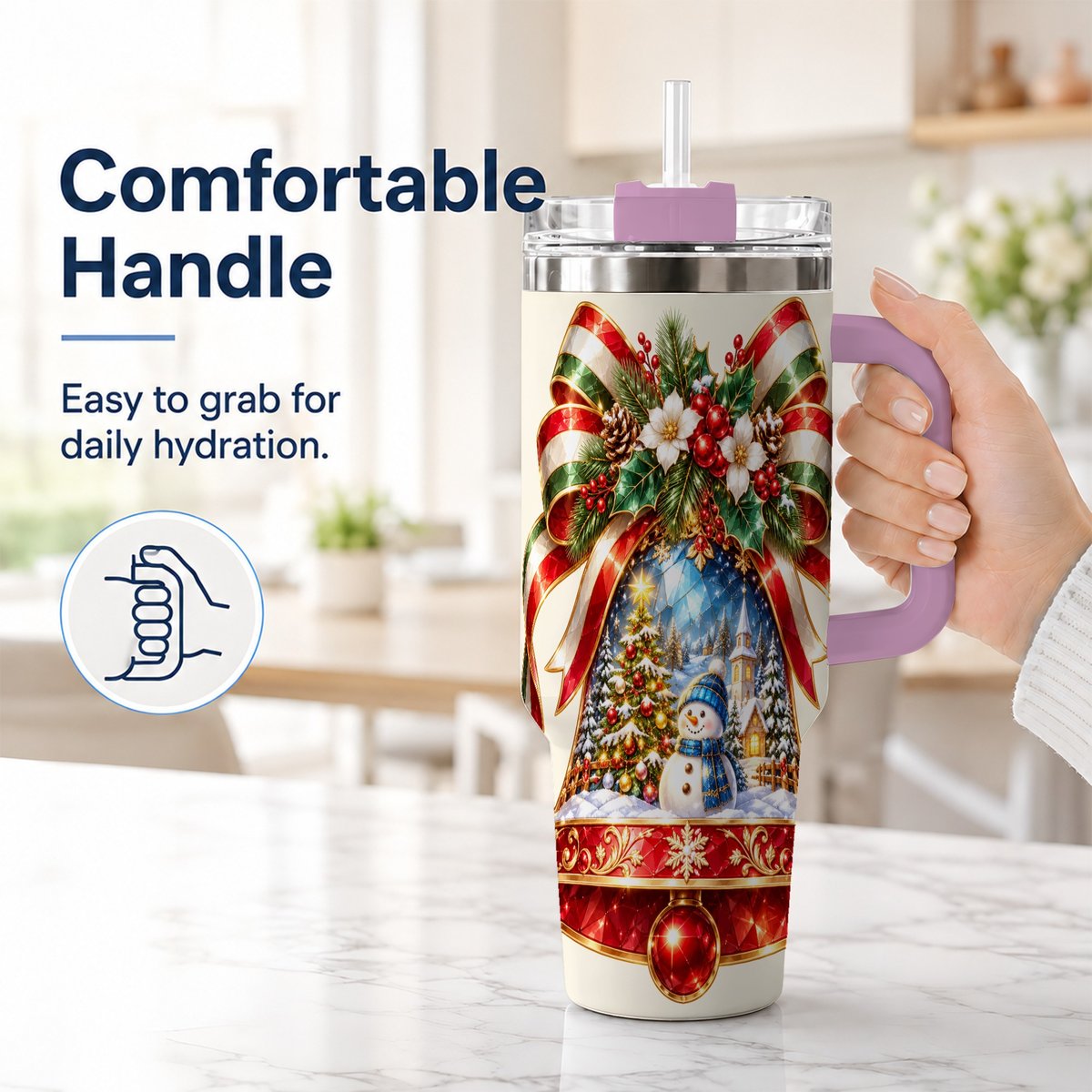 #pl[40oz|Pink] Snowman Bell 40oz Tumbler with Handle, Winter Village Artwork