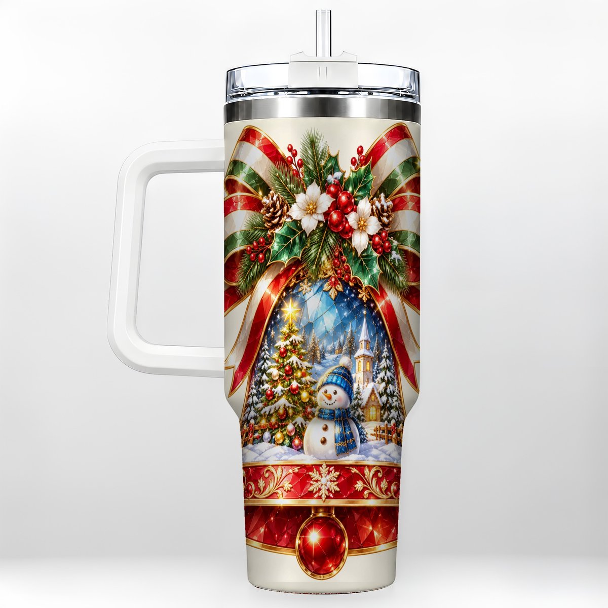 Snowman Bell 40oz Tumbler with Handle, Winter Village Artwork