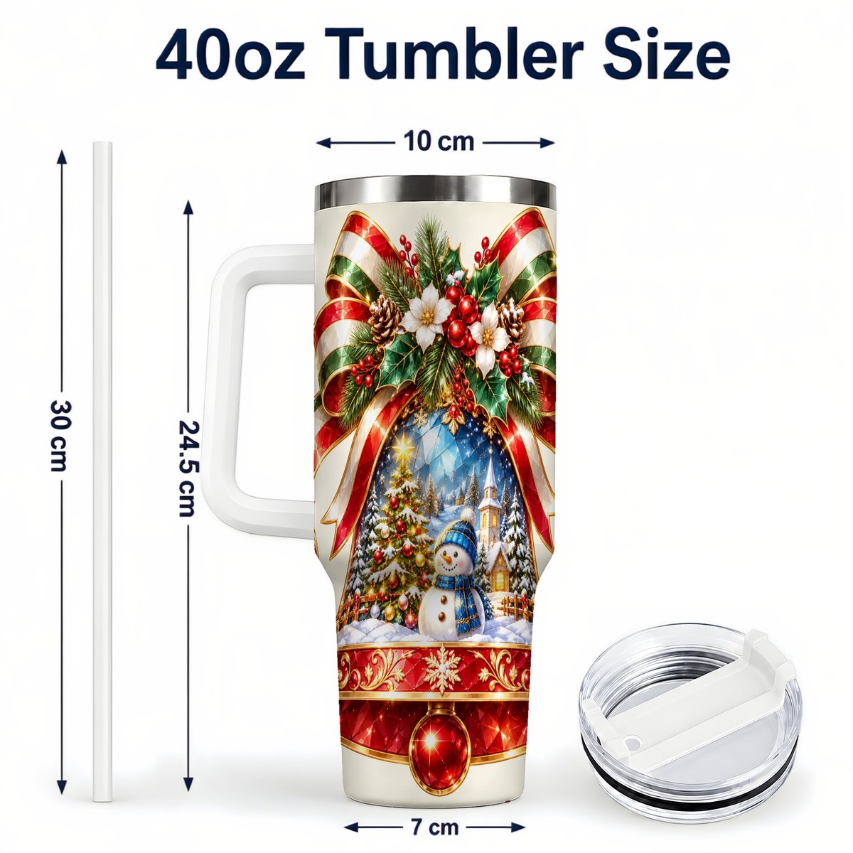 #pl[40oz|White] Snowman Bell 40oz Tumbler with Handle, Winter Village Artwork