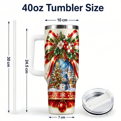 #pl[40oz|White] Snowman Bell 40oz Tumbler with Handle, Winter Village Artwork