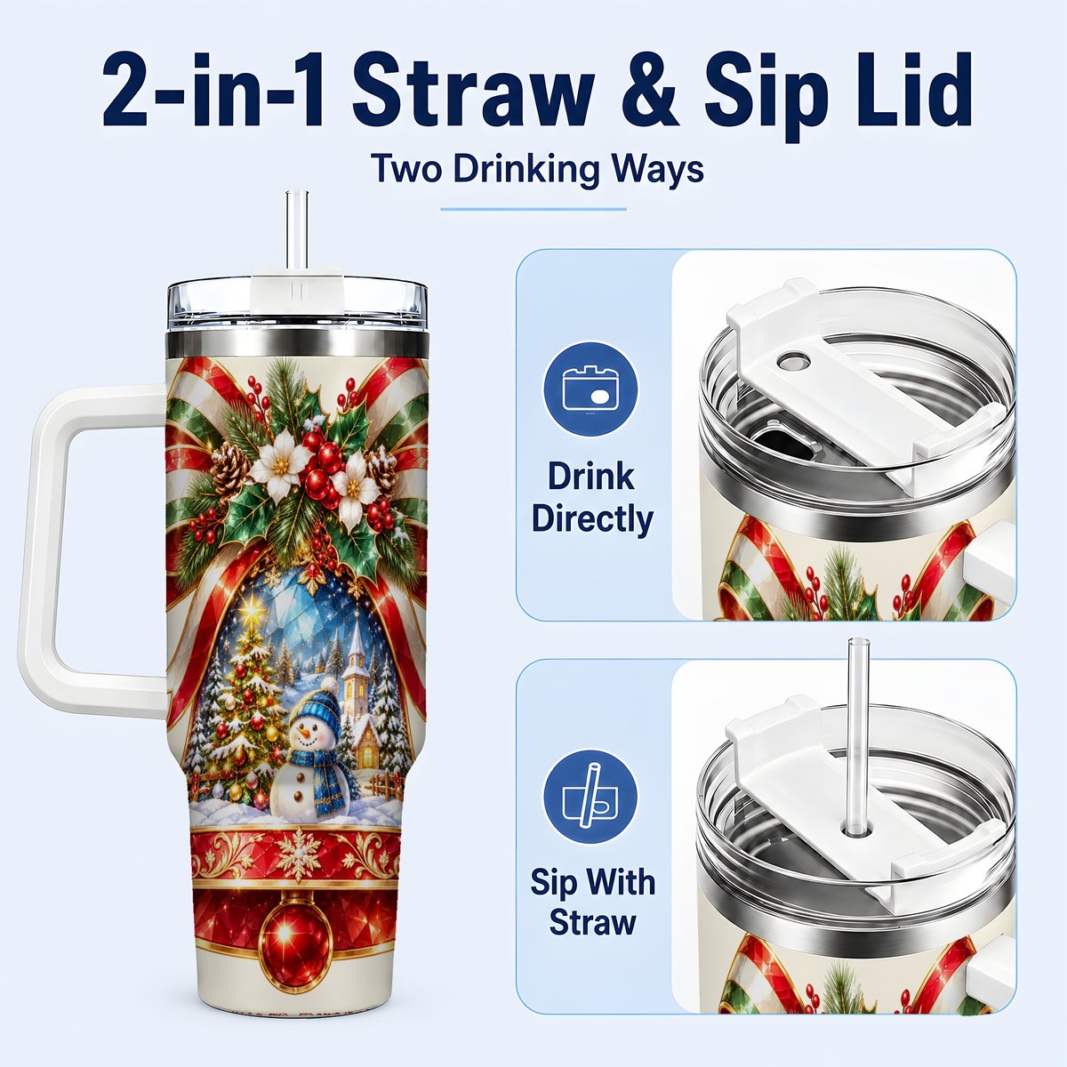 #pl[40oz|White] Snowman Bell 40oz Tumbler with Handle, Winter Village Artwork