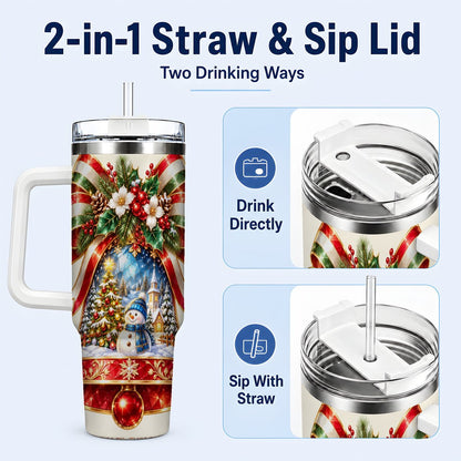#pl[40oz|White] Snowman Bell 40oz Tumbler with Handle, Winter Village Artwork