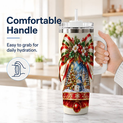 #pl[40oz|White] Snowman Bell 40oz Tumbler with Handle, Winter Village Artwork