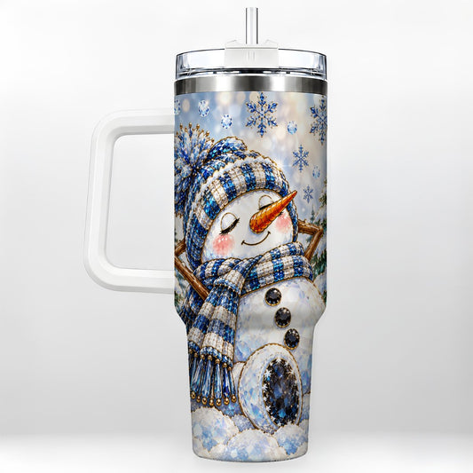 Blue Snowman 40oz Tumbler with Handle, Winter Snowflake Design