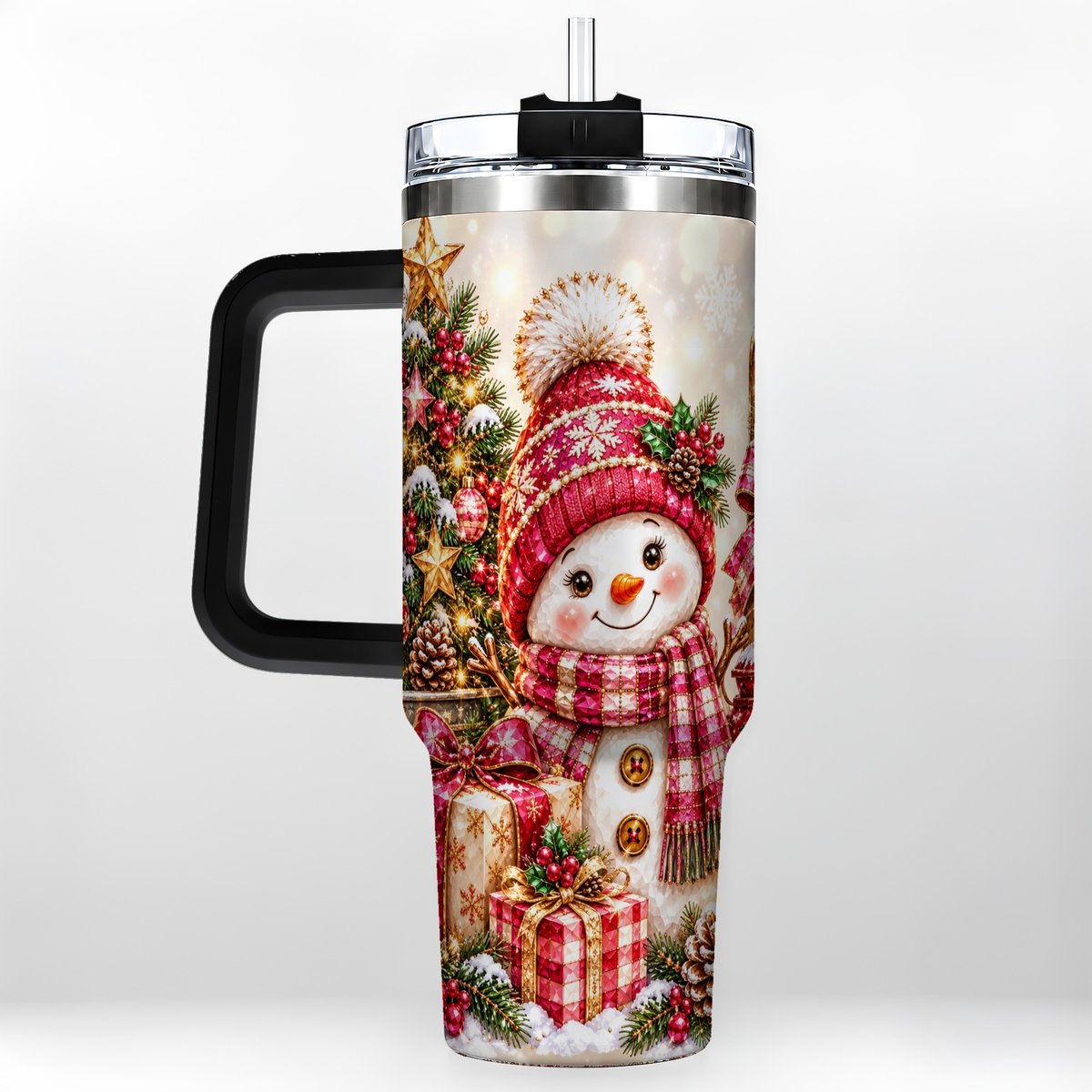 #pl[40oz|Black] Christmas Snowman 40oz Tumbler with Handle, Festive Tree Artwork