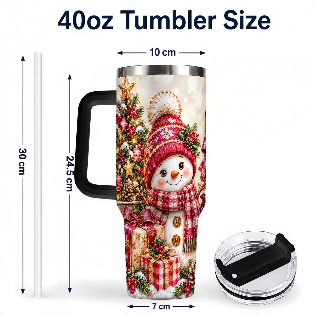 #pl[40oz|Black] Christmas Snowman 40oz Tumbler with Handle, Festive Tree Artwork