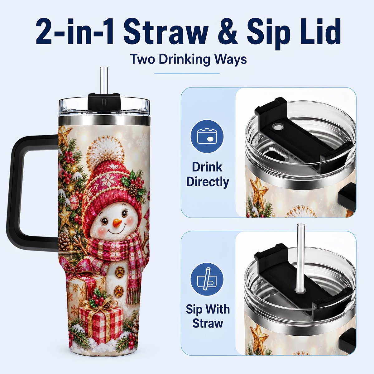 #pl[40oz|Black] Christmas Snowman 40oz Tumbler with Handle, Festive Tree Artwork