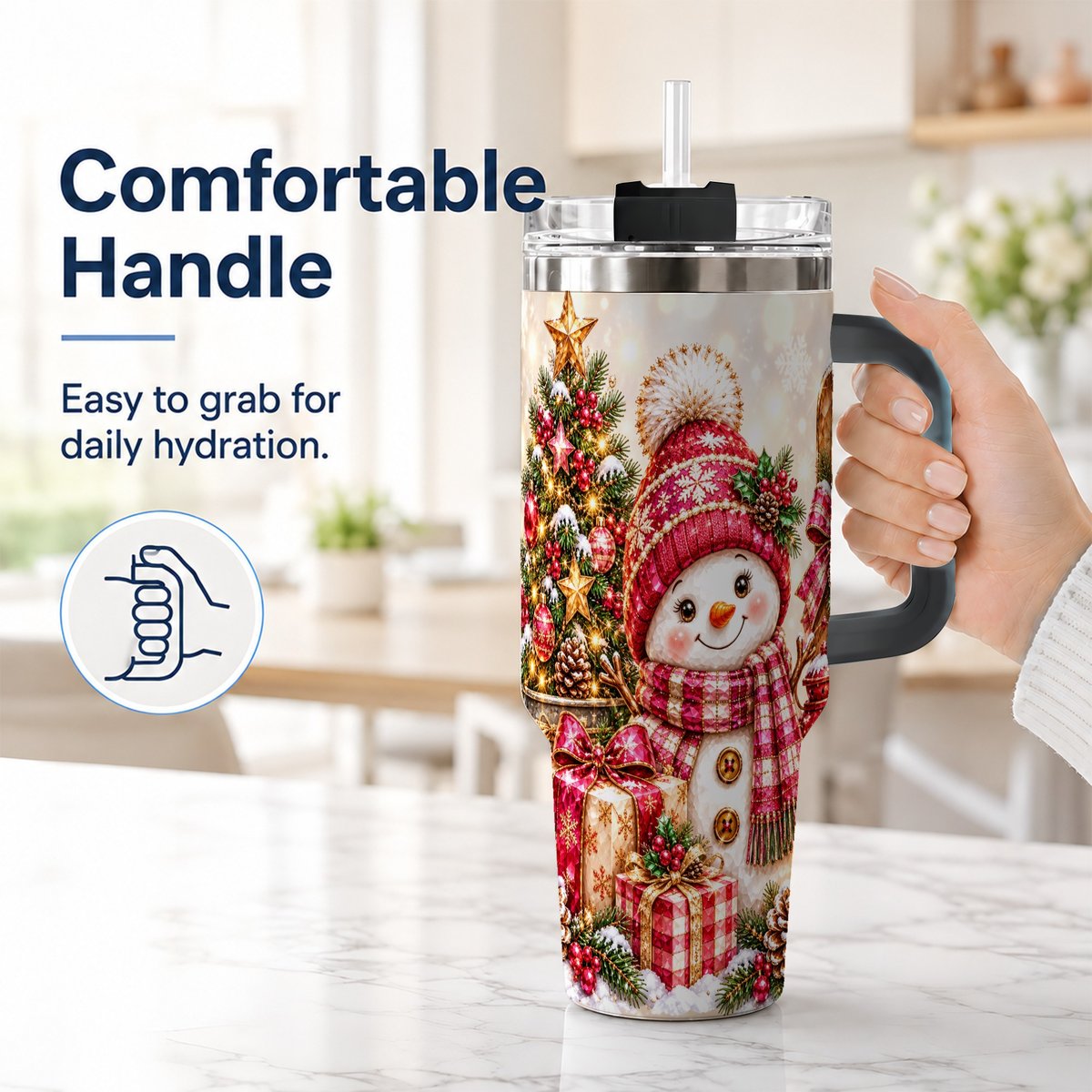 #pl[40oz|Black] Christmas Snowman 40oz Tumbler with Handle, Festive Tree Artwork