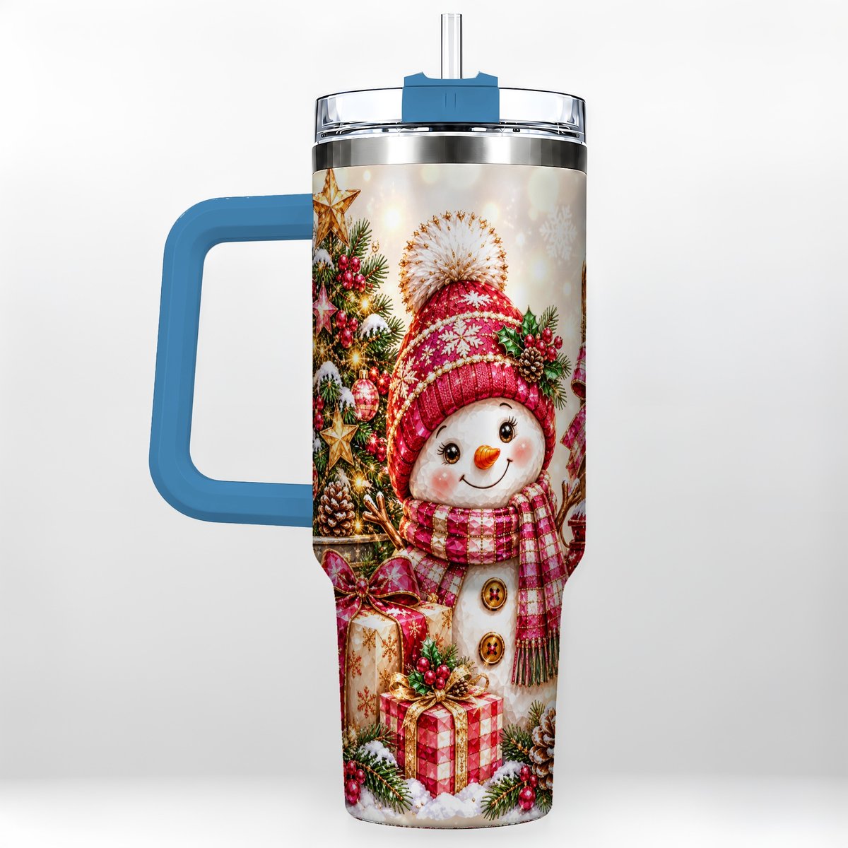 #pl[40oz|Blue] Christmas Snowman 40oz Tumbler with Handle, Festive Tree Artwork