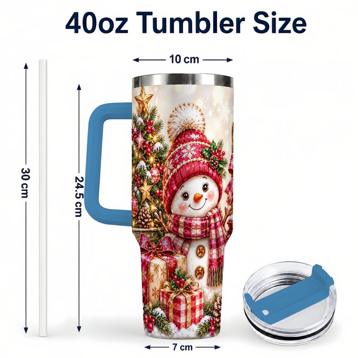 #pl[40oz|Blue] Christmas Snowman 40oz Tumbler with Handle, Festive Tree Artwork