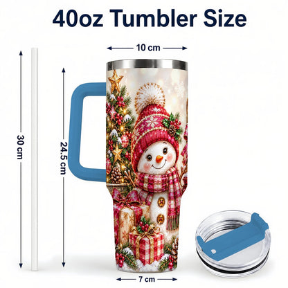 #pl[40oz|Blue] Christmas Snowman 40oz Tumbler with Handle, Festive Tree Artwork