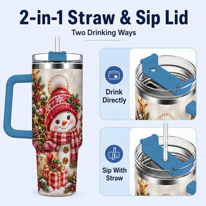 #pl[40oz|Blue] Christmas Snowman 40oz Tumbler with Handle, Festive Tree Artwork