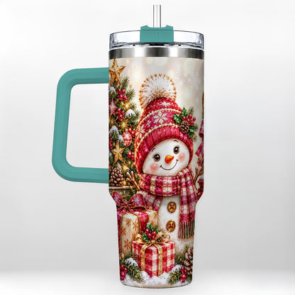 #pl[40oz|Green] Christmas Snowman 40oz Tumbler with Handle, Festive Tree Artwork