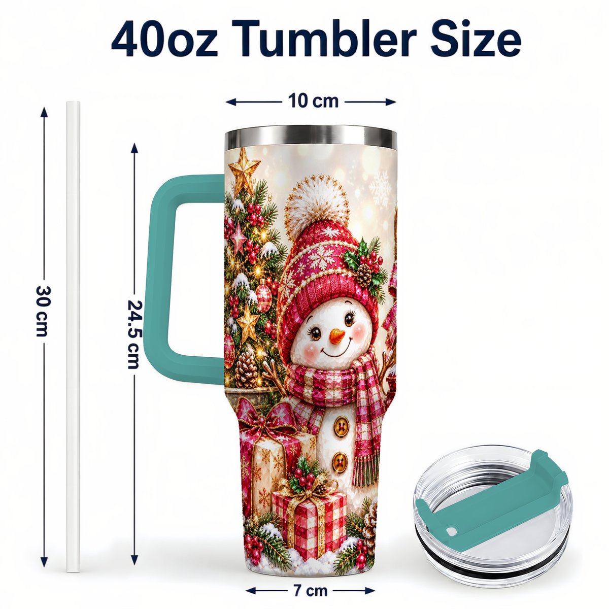 #pl[40oz|Green] Christmas Snowman 40oz Tumbler with Handle, Festive Tree Artwork