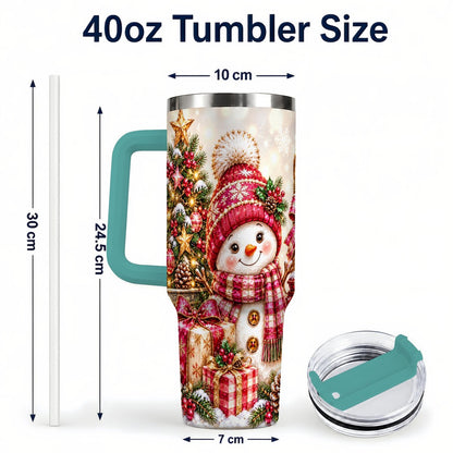 #pl[40oz|Green] Christmas Snowman 40oz Tumbler with Handle, Festive Tree Artwork