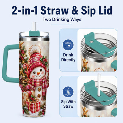 #pl[40oz|Green] Christmas Snowman 40oz Tumbler with Handle, Festive Tree Artwork