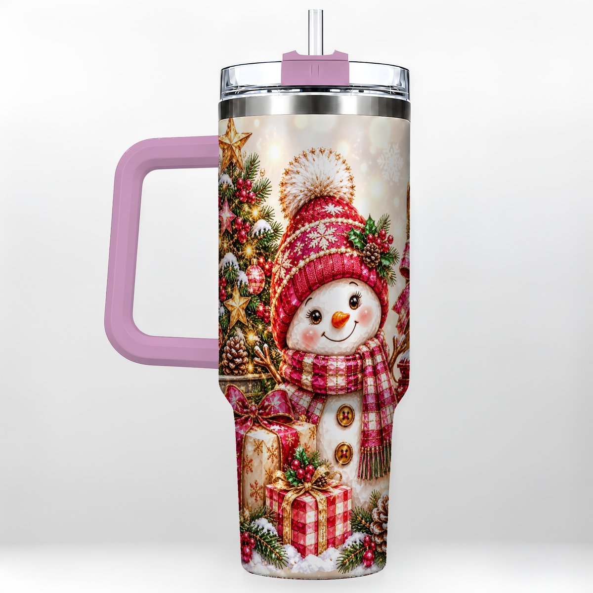 #pl[40oz|Pink] Christmas Snowman 40oz Tumbler with Handle, Festive Tree Artwork