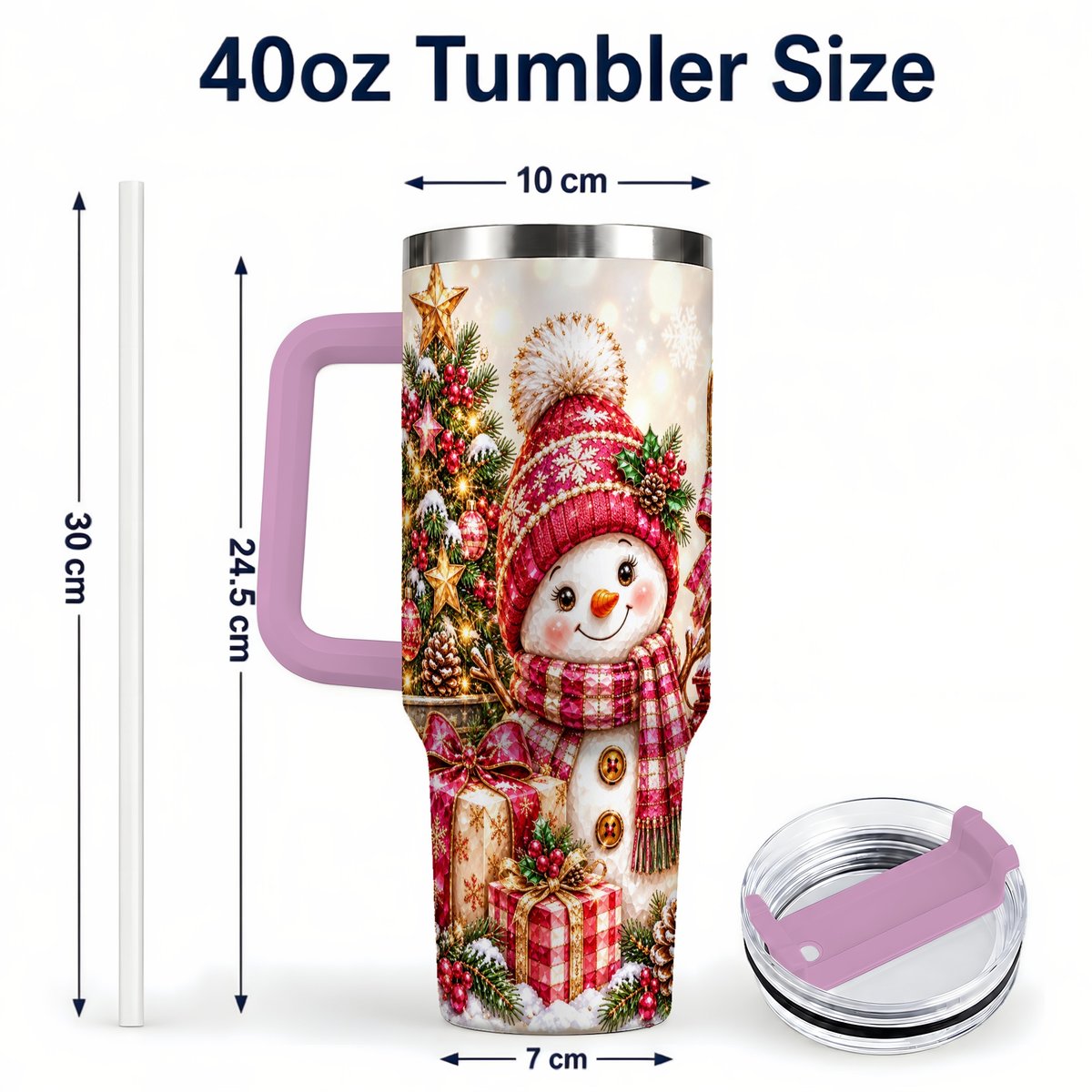 #pl[40oz|Pink] Christmas Snowman 40oz Tumbler with Handle, Festive Tree Artwork